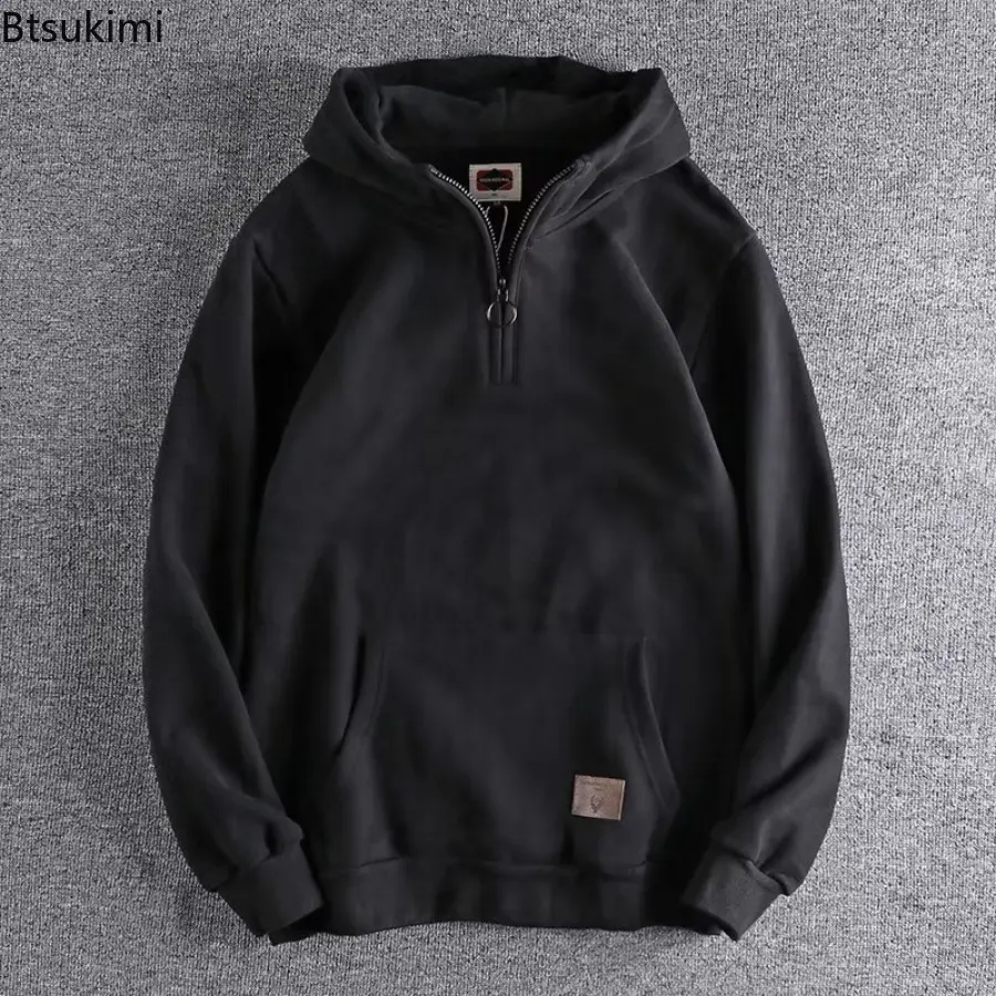 2025 Loose Male Hoodie Solid Autumn Winter Warm Half Zip Sweatshirts Solid Casual and Loose Hooded Versatile Couple Tops Coats