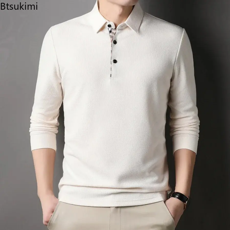 Fashion New Men's Waffle Long-sleeved Polo Shirts Solid Slim Business Casual Lapel Tops Korean Style Versatile Pullover T-shirts