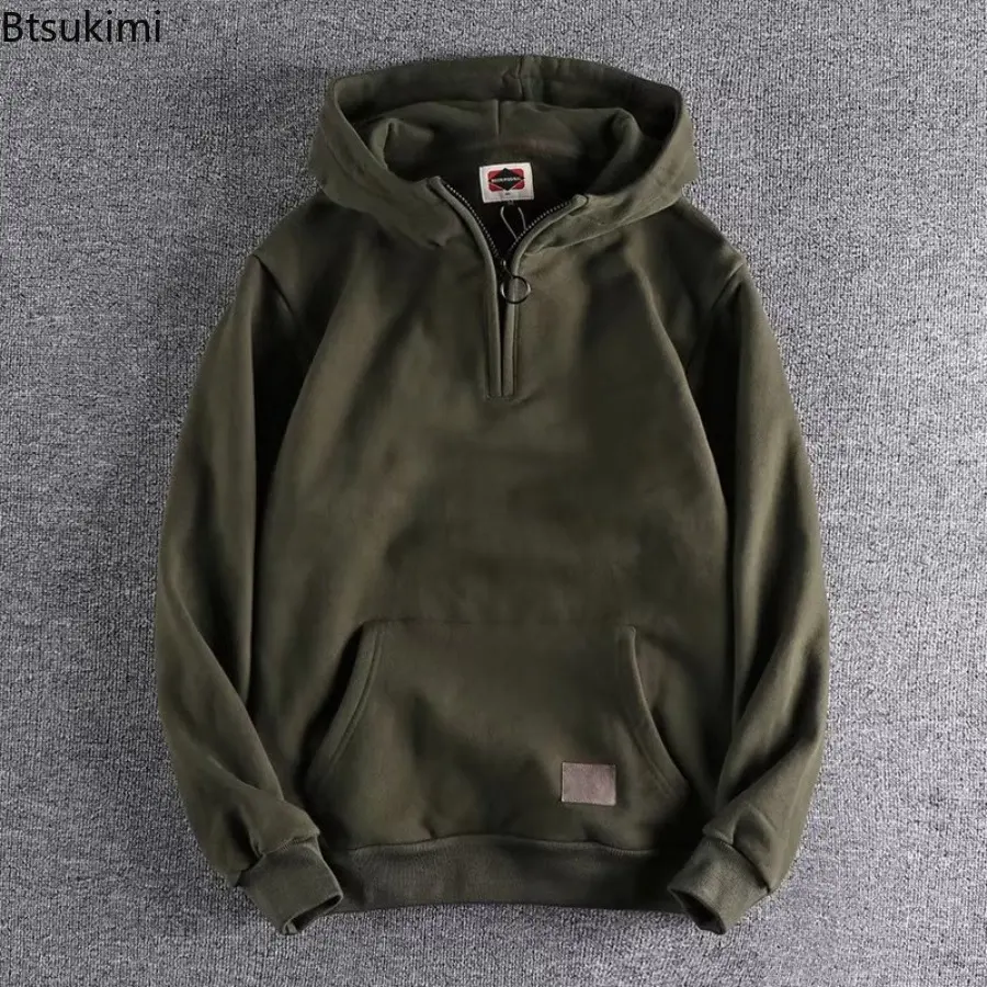 2025 Loose Male Hoodie Solid Autumn Winter Warm Half Zip Sweatshirts Solid Casual and Loose Hooded Versatile Couple Tops Coats