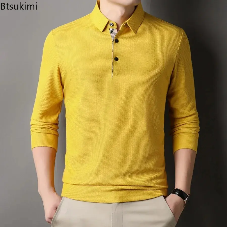 Fashion New Men's Waffle Long-sleeved Polo Shirts Solid Slim Business Casual Lapel Tops Korean Style Versatile Pullover T-shirts