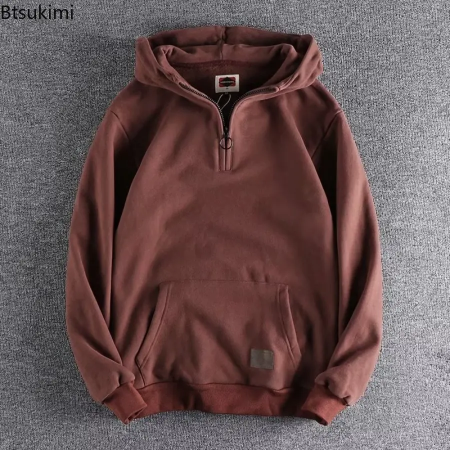 2025 Loose Male Hoodie Solid Autumn Winter Warm Half Zip Sweatshirts Solid Casual and Loose Hooded Versatile Couple Tops Coats
