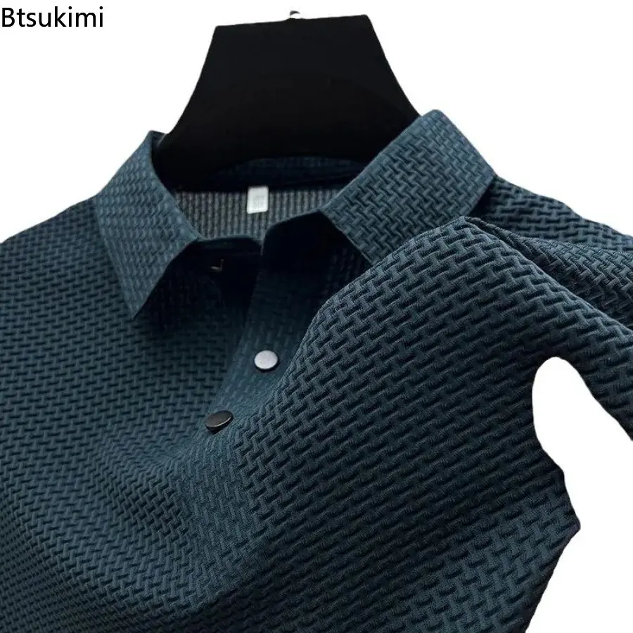 New High-end Fashion Men's Casual Mesh Solid Polo Shirts Summer Cool Ice Silk Short-sleeved T-shirts Business Office Male Tops