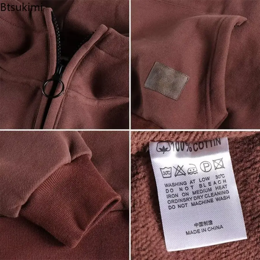 2025 Loose Male Hoodie Solid Autumn Winter Warm Half Zip Sweatshirts Solid Casual and Loose Hooded Versatile Couple Tops Coats