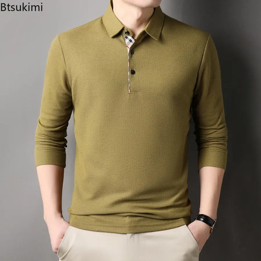 Fashion New Men's Waffle Long-sleeved Polo Shirts Solid Slim Business Casual Lapel Tops Korean Style Versatile Pullover T-shirts