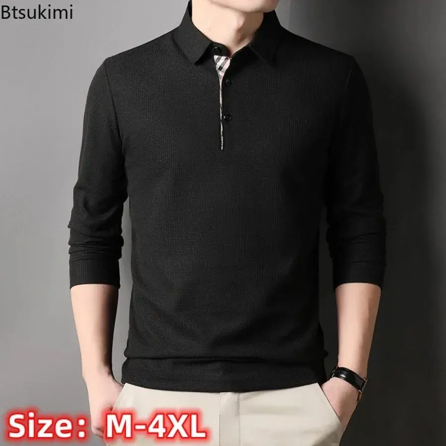 Fashion New Men's Waffle Long-sleeved Polo Shirts Solid Slim Business Casual Lapel Tops Korean Style Versatile Pullover T-shirts