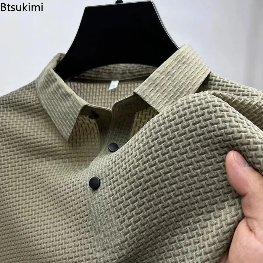 New High-end Fashion Men's Casual Mesh Solid Polo Shirts Summer Cool Ice Silk Short-sleeved T-shirts Business Office Male Tops