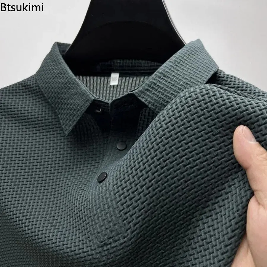 New High-end Fashion Men's Casual Mesh Solid Polo Shirts Summer Cool Ice Silk Short-sleeved T-shirts Business Office Male Tops