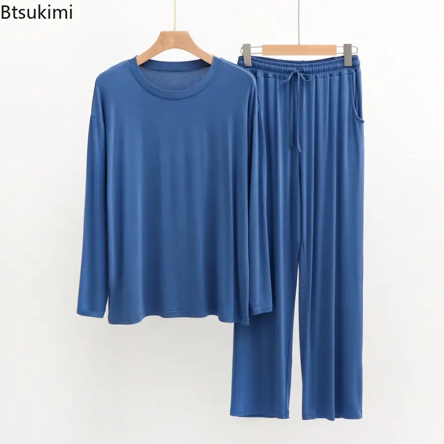 New 2025 Modal Cotton Large Size Pajamas Sets Men's Solid Loose Long Sleeve Trousers Homewear Two Pieces Man Comfort Lounge Sets