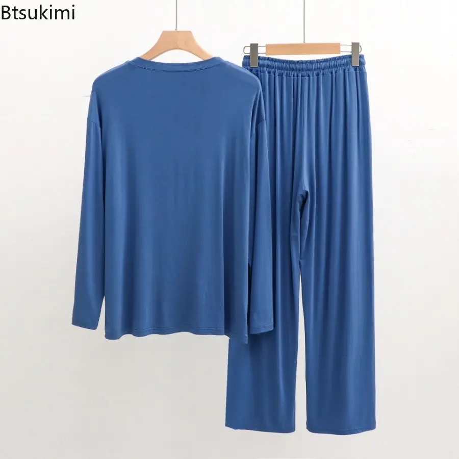 New 2025 Modal Cotton Large Size Pajamas Sets Men's Solid Loose Long Sleeve Trousers Homewear Two Pieces Man Comfort Lounge Sets