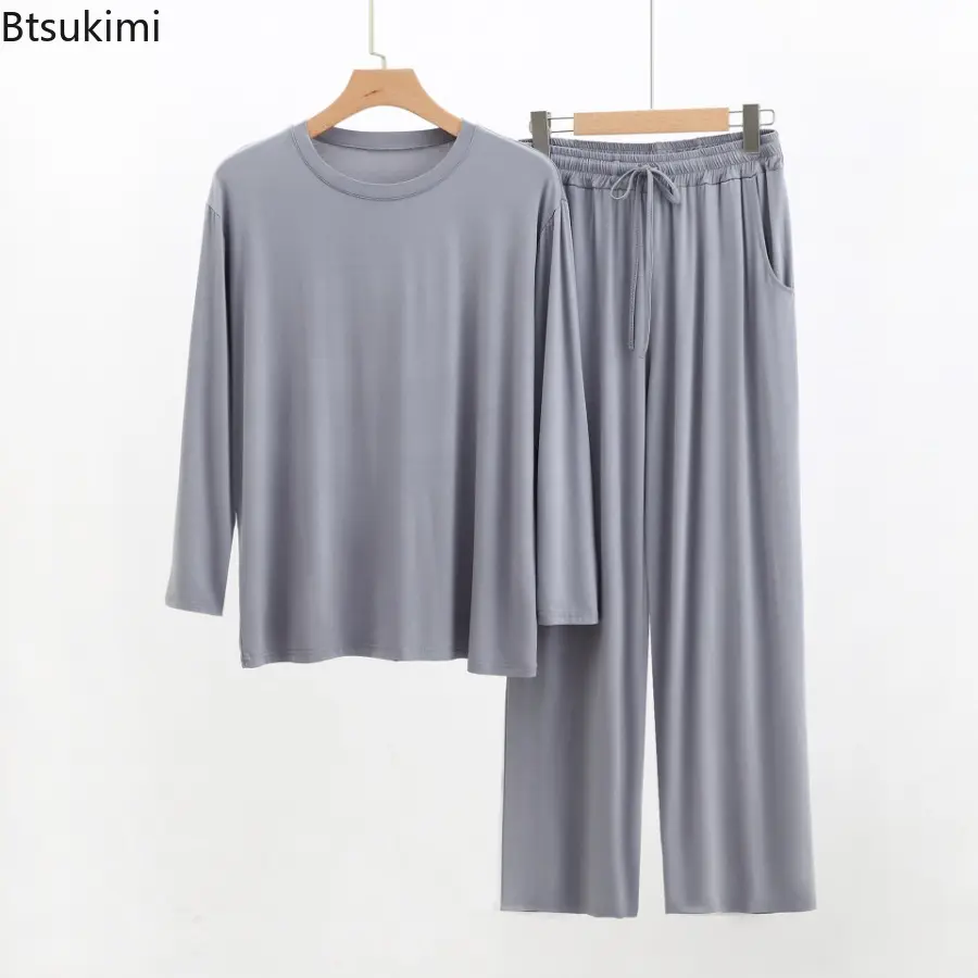 New 2025 Modal Cotton Large Size Pajamas Sets Men's Solid Loose Long Sleeve Trousers Homewear Two Pieces Man Comfort Lounge Sets