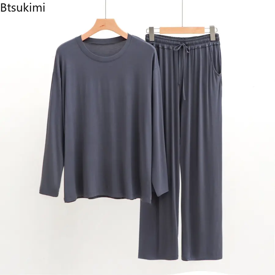 New 2025 Modal Cotton Large Size Pajamas Sets Men's Solid Loose Long Sleeve Trousers Homewear Two Pieces Man Comfort Lounge Sets