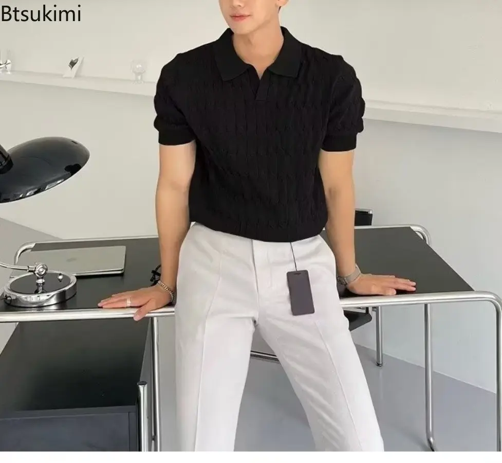 2025 New Summer Men's Luxury Knitted Jacquard Polo Shirts Casual Breathable Fashion V Neck Short Sleeve Solid Color Knitwear