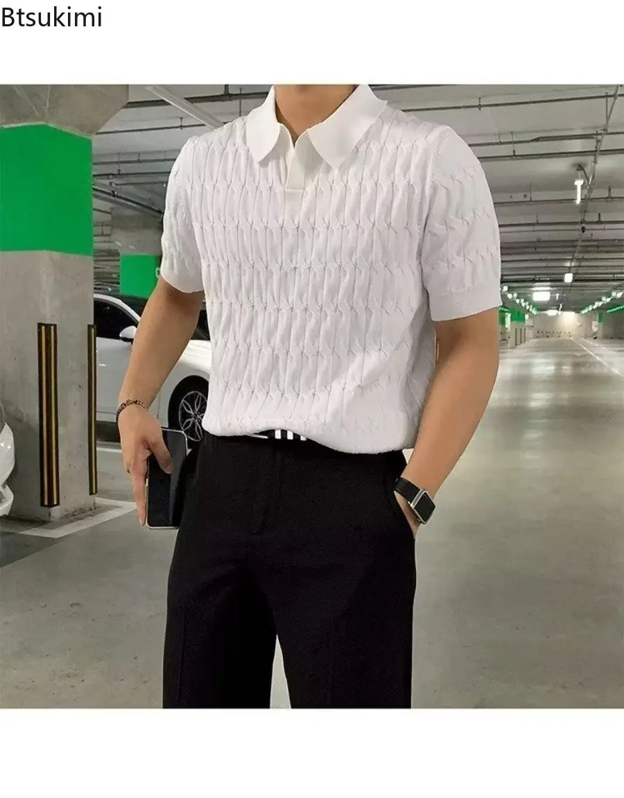 2025 New Summer Men's Luxury Knitted Jacquard Polo Shirts Casual Breathable Fashion V Neck Short Sleeve Solid Color Knitwear