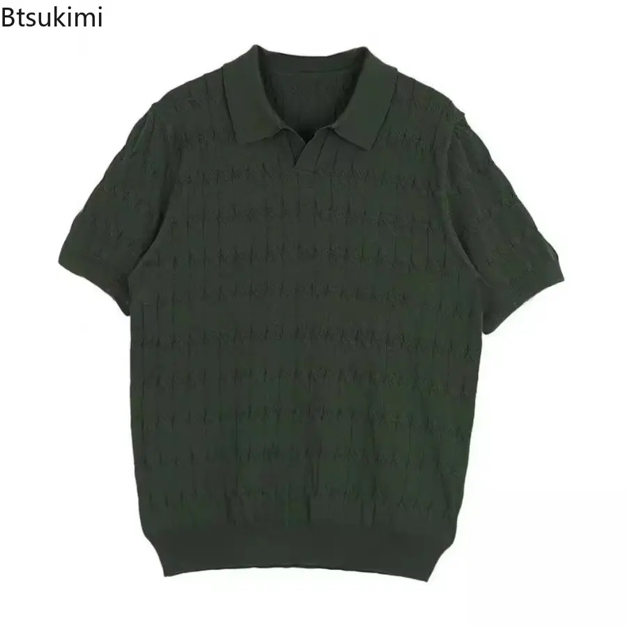 2025 New Summer Men's Luxury Knitted Jacquard Polo Shirts Casual Breathable Fashion V Neck Short Sleeve Solid Color Knitwear
