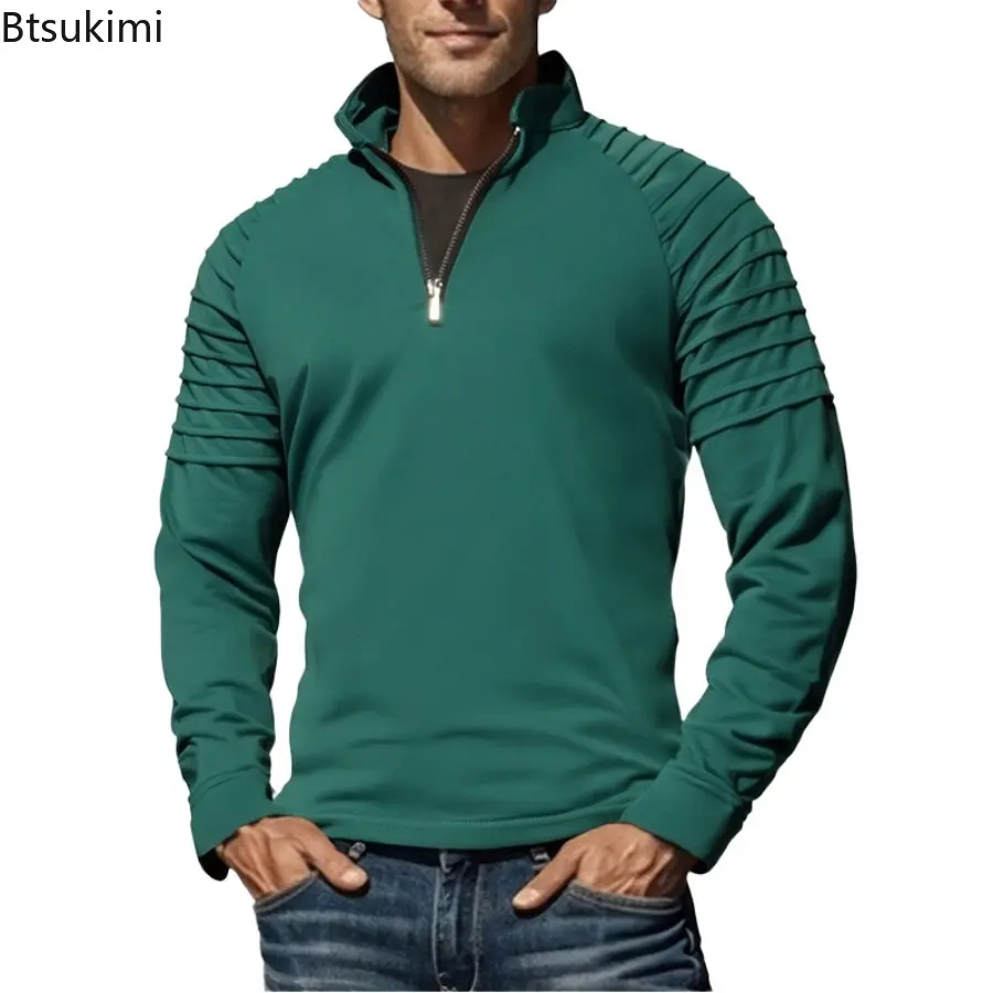 2025 Spring Autumn Men's Long Sleeved Stand Up Collar T-shirts Fashionable Solid Half Zipper Pullover Male Casual Sweatshirts