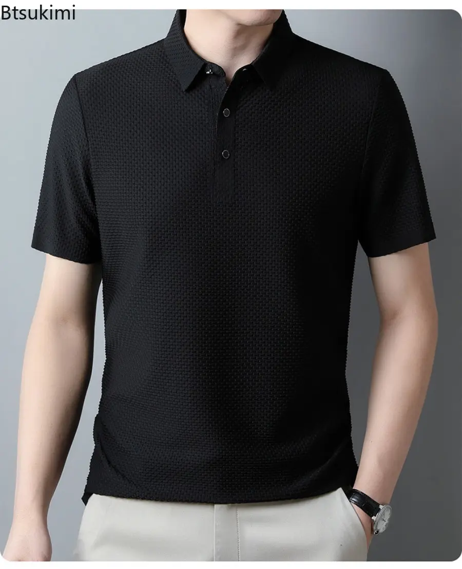 High Quality Men's Jacquard Ice Silk Short-sleeved Polo Shirts Summer Breathable Business Casual Tops Solid Simple T-shirts Male
