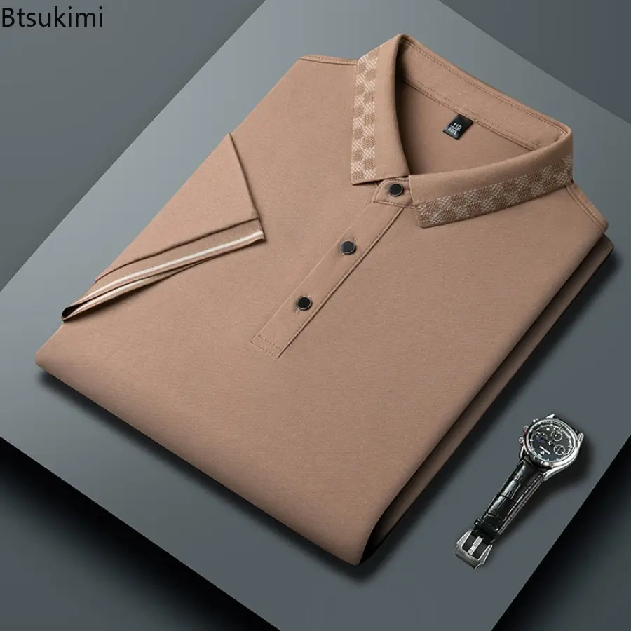 High-quality Men's Ice Silk Elasticity Polo Shirt 2024 Summer Ice Feel Loose Short-sleeved Business Casual Tops Men's Clothing