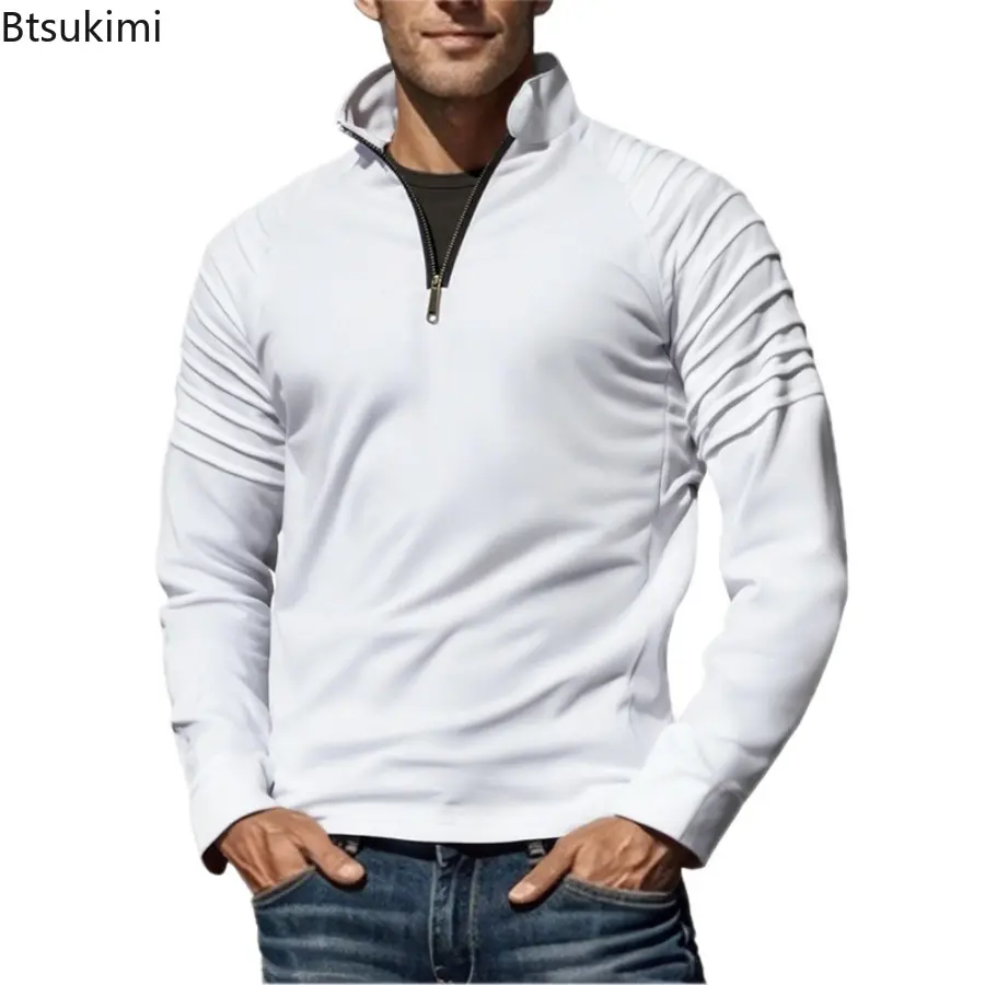 2025 Spring Autumn Men's Long Sleeved Stand Up Collar T-shirts Fashionable Solid Half Zipper Pullover Male Casual Sweatshirts