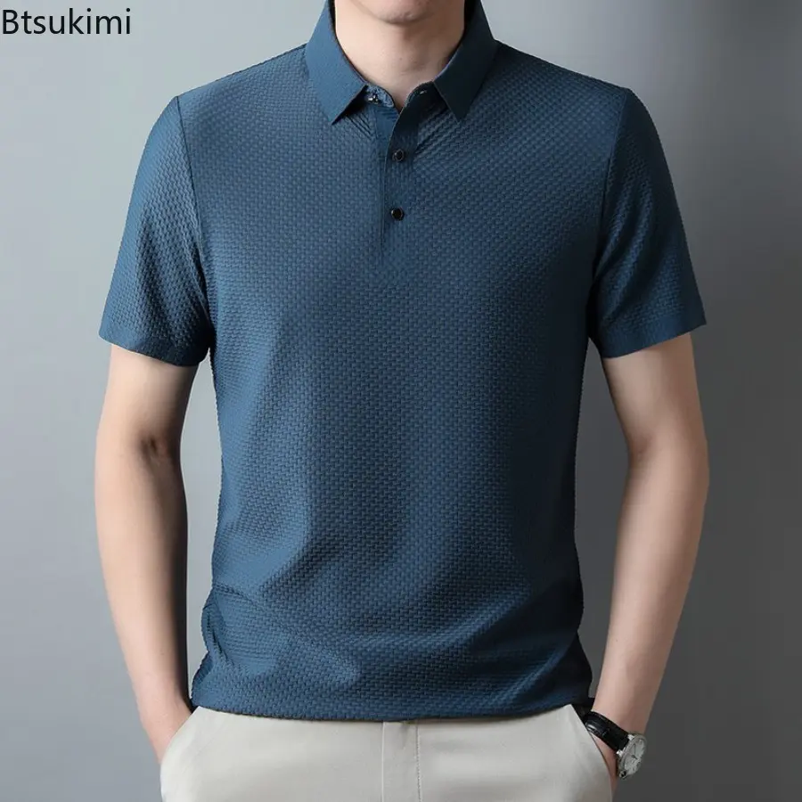 High Quality Men's Jacquard Ice Silk Short-sleeved Polo Shirts Summer Breathable Business Casual Tops Solid Simple T-shirts Male