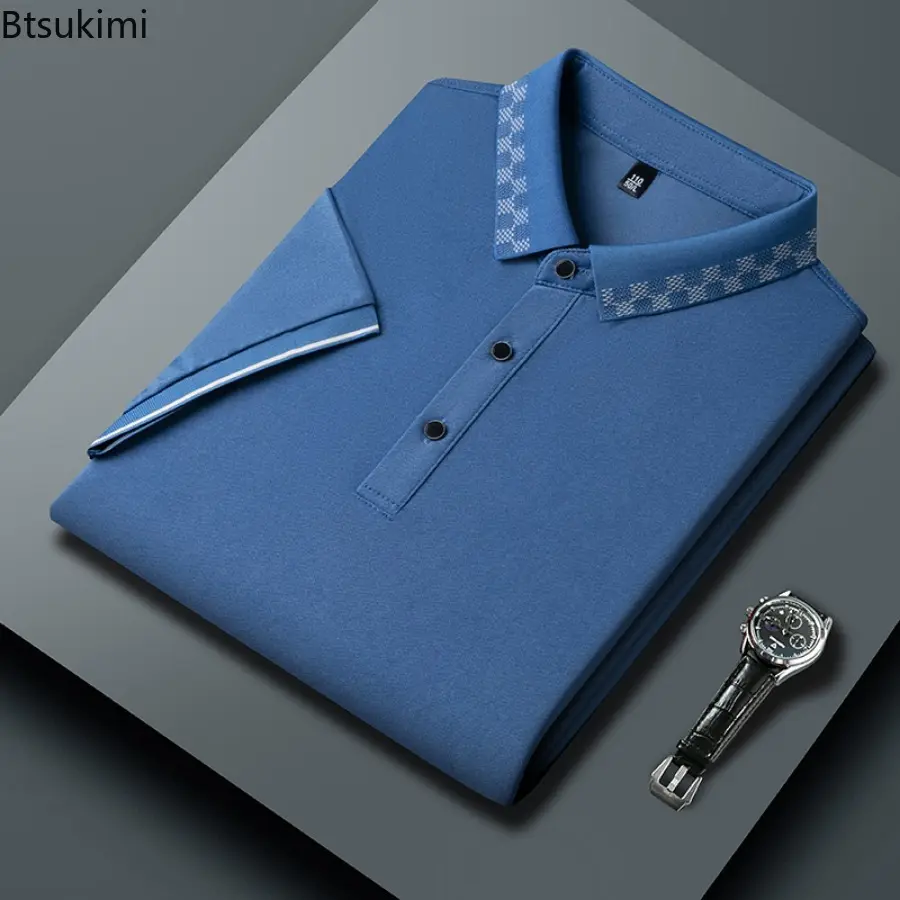 High-quality Men's Ice Silk Elasticity Polo Shirt 2024 Summer Ice Feel Loose Short-sleeved Business Casual Tops Men's Clothing