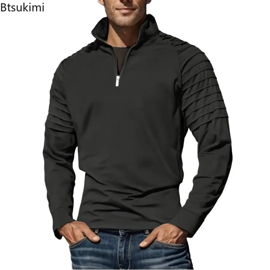 2025 Spring Autumn Men's Long Sleeved Stand Up Collar T-shirts Fashionable Solid Half Zipper Pullover Male Casual Sweatshirts