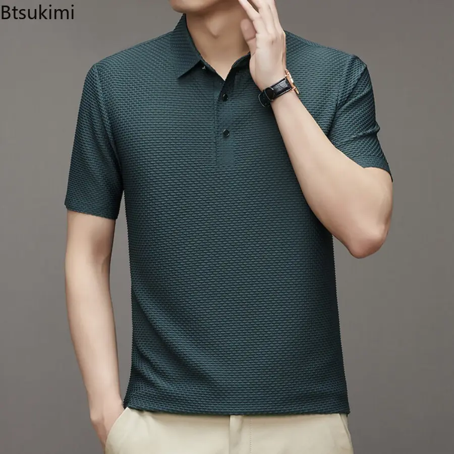 High Quality Men's Jacquard Ice Silk Short-sleeved Polo Shirts Summer Breathable Business Casual Tops Solid Simple T-shirts Male