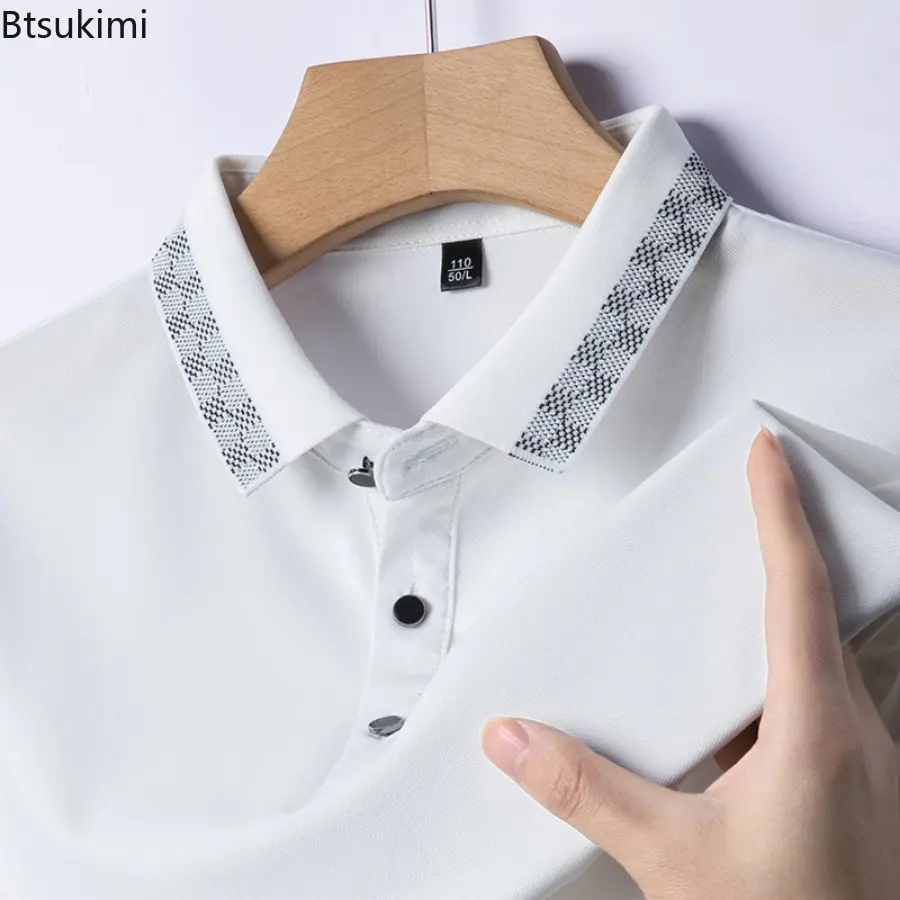High-quality Men's Ice Silk Elasticity Polo Shirt 2024 Summer Ice Feel Loose Short-sleeved Business Casual Tops Men's Clothing
