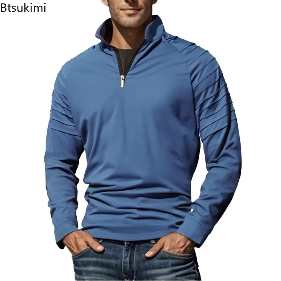 2025 Spring Autumn Men's Long Sleeved Stand Up Collar T-shirts Fashionable Solid Half Zipper Pullover Male Casual Sweatshirts