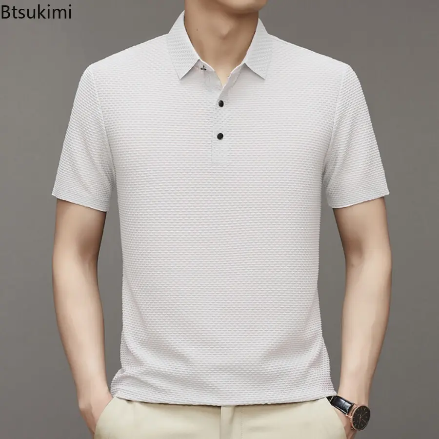 High Quality Men's Jacquard Ice Silk Short-sleeved Polo Shirts Summer Breathable Business Casual Tops Solid Simple T-shirts Male