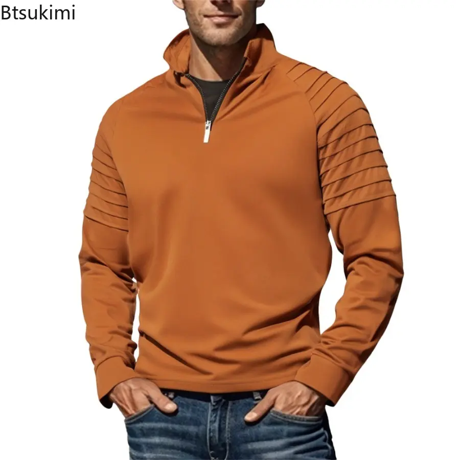 2025 Spring Autumn Men's Long Sleeved Stand Up Collar T-shirts Fashionable Solid Half Zipper Pullover Male Casual Sweatshirts