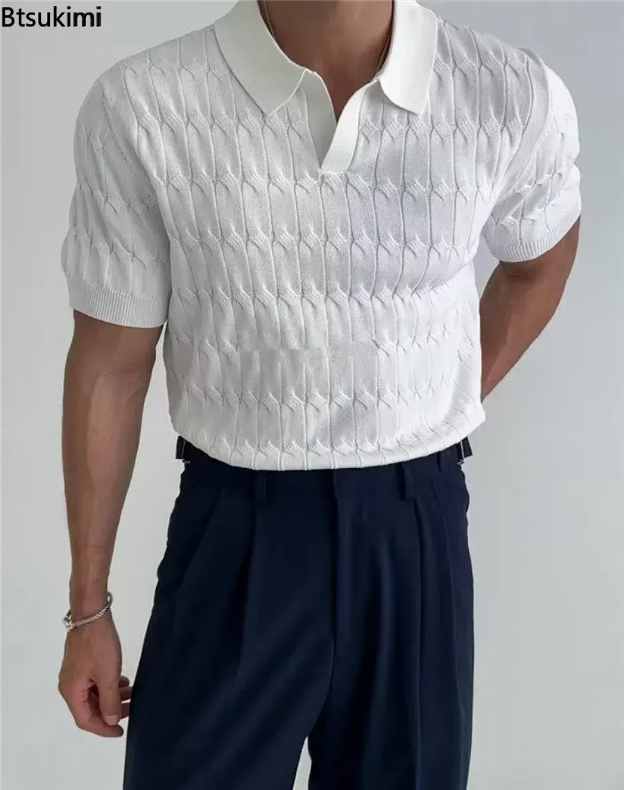 Men's Summer Jacquard Knitted Polo Shirts Stylish V-neck Short-sleeved Lapel Knit Pullover Tops Men Business Casual Wear T-shirt