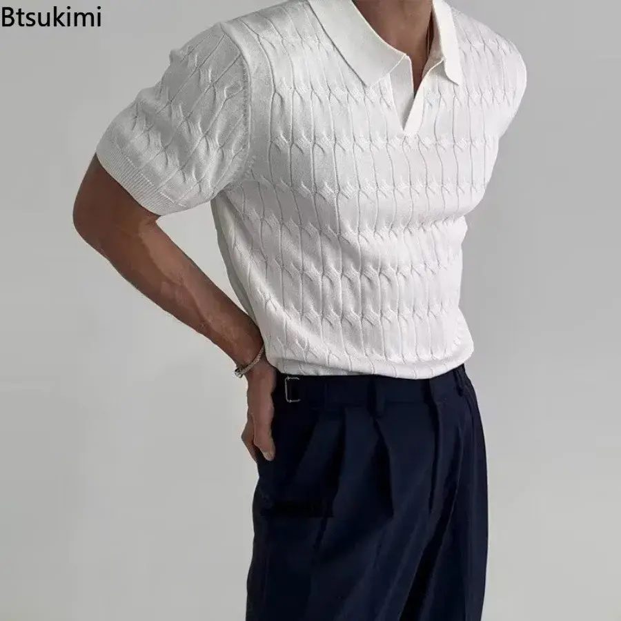 Men's Summer Jacquard Knitted Polo Shirts Stylish V-neck Short-sleeved Lapel Knit Pullover Tops Men Business Casual Wear T-shirt