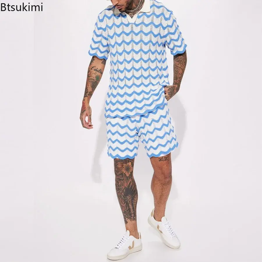 2025 Men's Summer Casual Suit Trend Streetwear Contrast Color Design Knitted Polo Shirt Sport Shorts Men Holiday Two-piece Sets