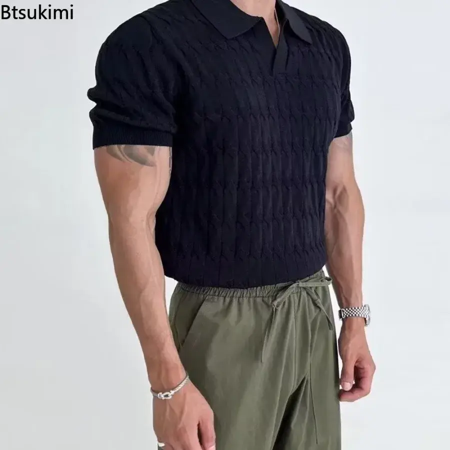 Men's Summer Jacquard Knitted Polo Shirts Stylish V-neck Short-sleeved Lapel Knit Pullover Tops Men Business Casual Wear T-shirt