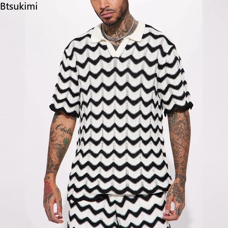 2025 Men's Summer Casual Suit Trend Streetwear Contrast Color Design Knitted Polo Shirt Sport Shorts Men Holiday Two-piece Sets