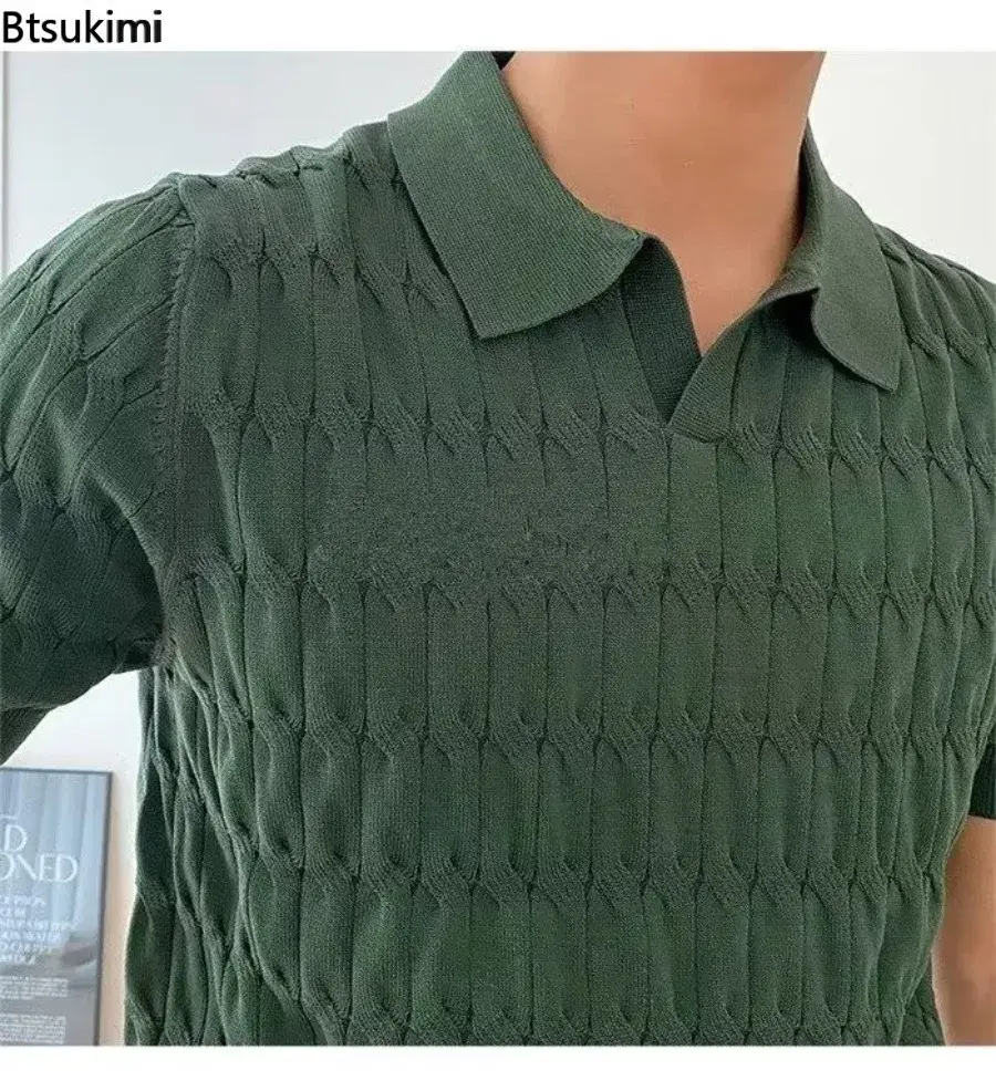 Men's Summer Jacquard Knitted Polo Shirts Stylish V-neck Short-sleeved Lapel Knit Pullover Tops Men Business Casual Wear T-shirt