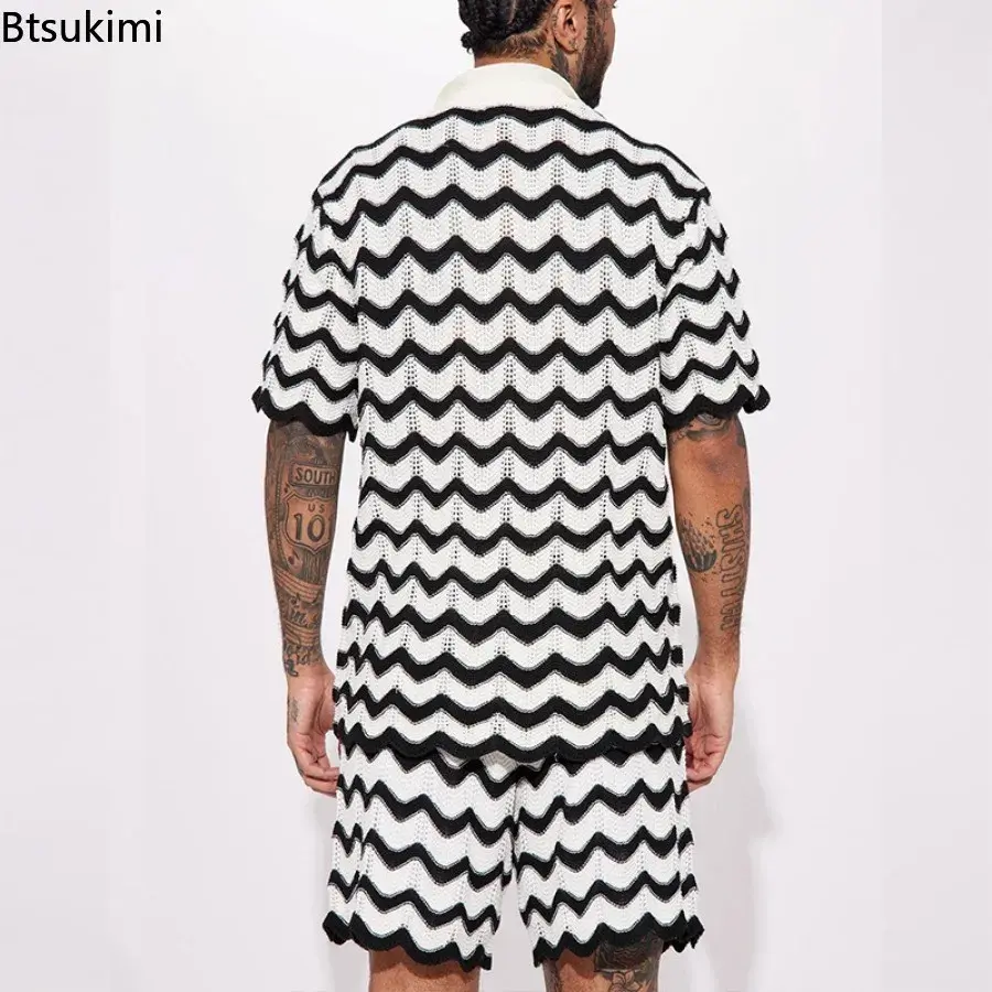 2025 Men's Summer Casual Suit Trend Streetwear Contrast Color Design Knitted Polo Shirt Sport Shorts Men Holiday Two-piece Sets