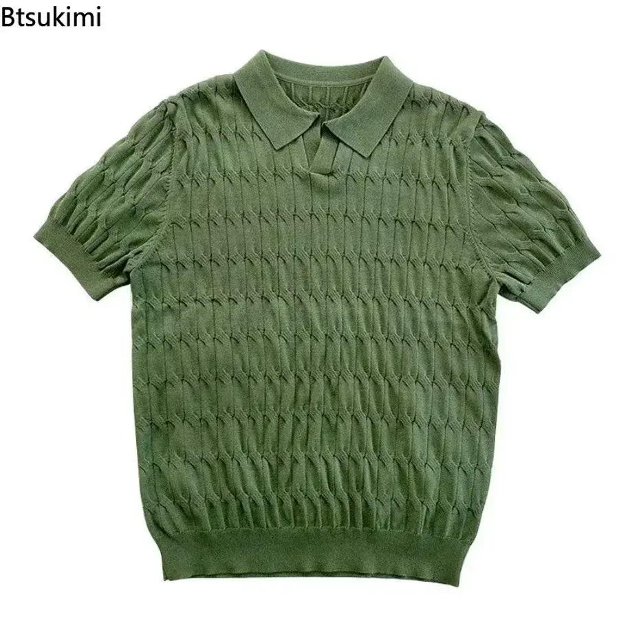 Men's Summer Jacquard Knitted Polo Shirts Stylish V-neck Short-sleeved Lapel Knit Pullover Tops Men Business Casual Wear T-shirt