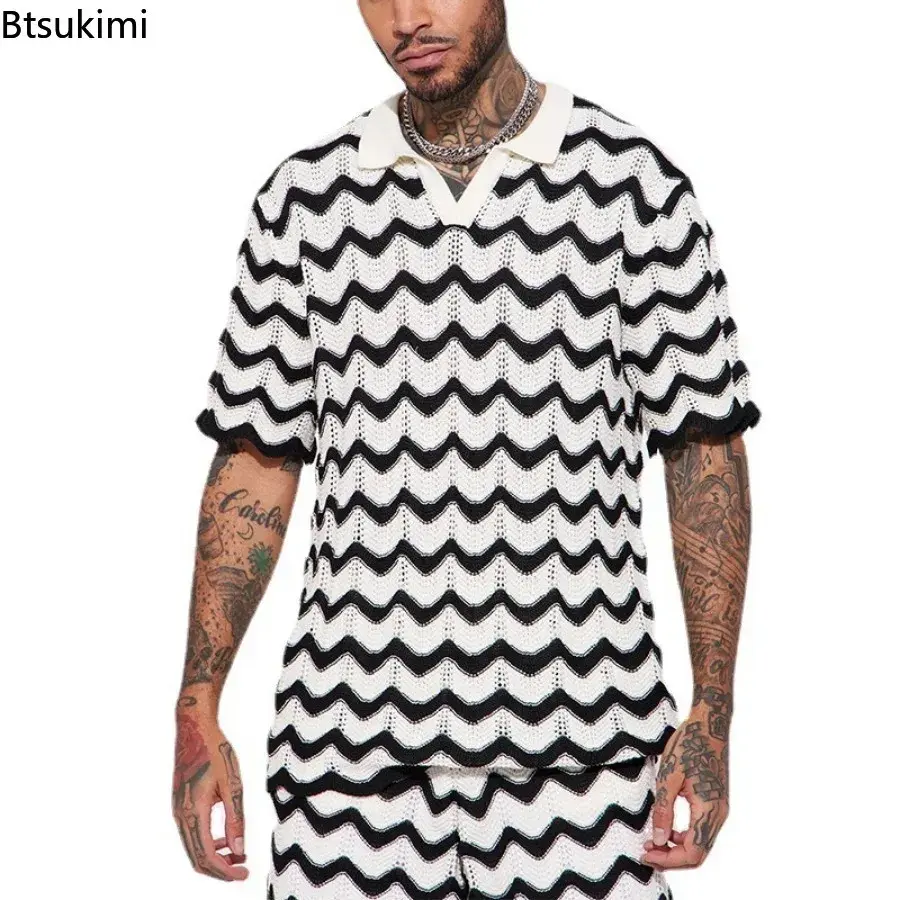 2025 Men's Summer Casual Suit Trend Streetwear Contrast Color Design Knitted Polo Shirt Sport Shorts Men Holiday Two-piece Sets