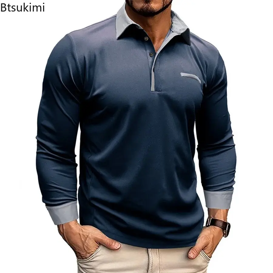 2025 Fashion Contrast Color Long Sleeve T-short for Men Business Casual Polo Shirt Patchwork Design Men Versatile Tops Golf Wear