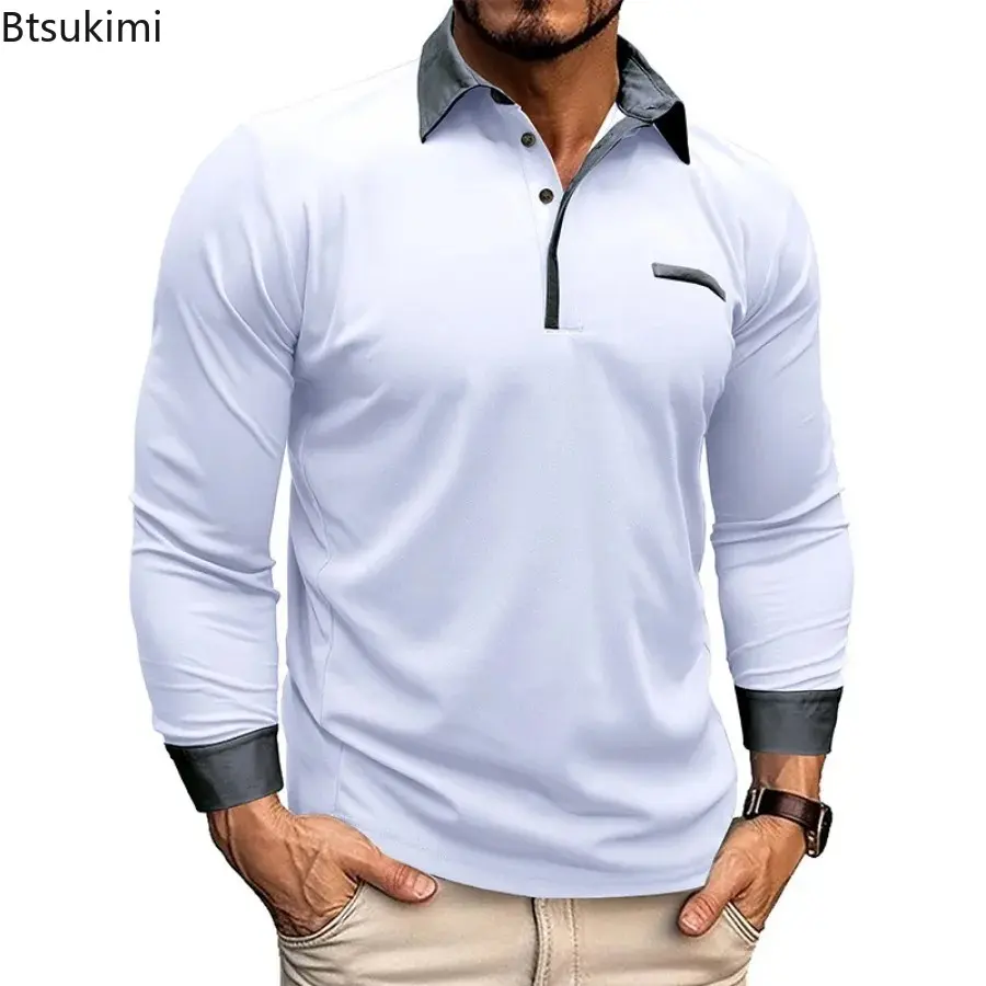 2025 Fashion Contrast Color Long Sleeve T-short for Men Business Casual Polo Shirt Patchwork Design Men Versatile Tops Golf Wear