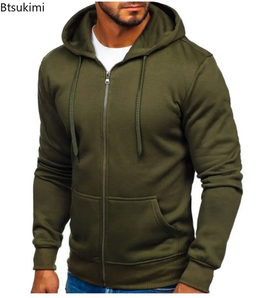 New Men's Solid Hoodies Jacket Outdoor Casual Sport Hooded Drawstring Zip Coats Sweatshirts Men Simple Cardigan Tops Tracksuits