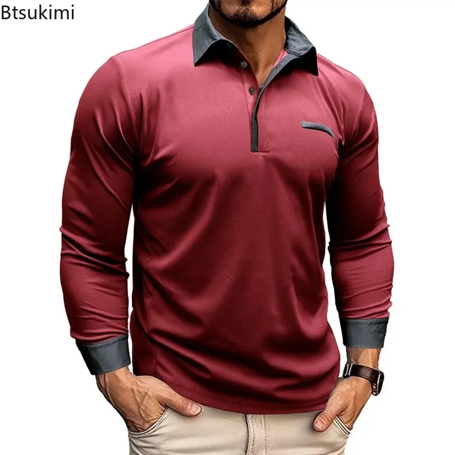 2025 Fashion Contrast Color Long Sleeve T-short for Men Business Casual Polo Shirt Patchwork Design Men Versatile Tops Golf Wear
