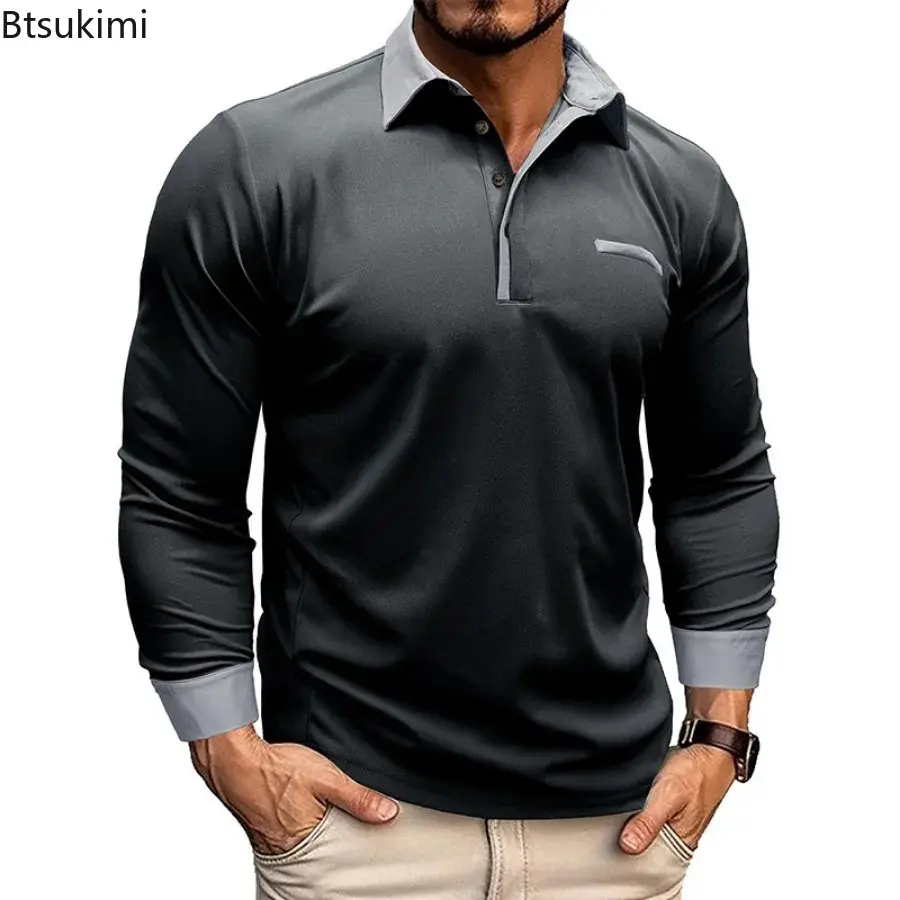 2025 Fashion Contrast Color Long Sleeve T-short for Men Business Casual Polo Shirt Patchwork Design Men Versatile Tops Golf Wear