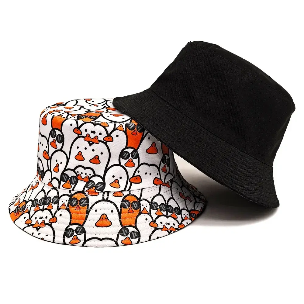 Cartoon Penguin Bucket Hat Penguin Printing Pattern Fisherman Hats Double Sides Polyester Panama Cap Unisex Outdoor Beach New