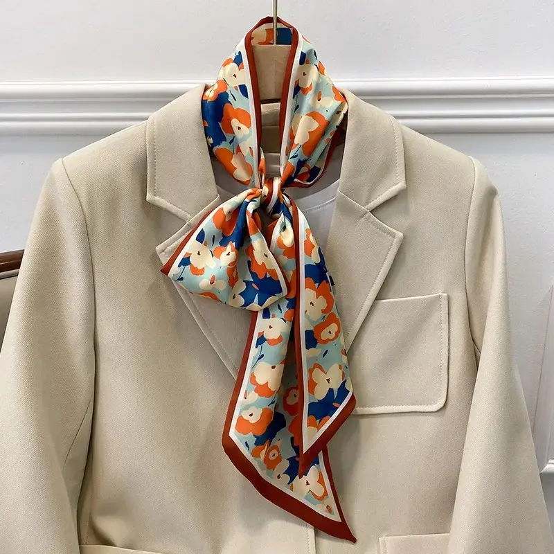 2025 Fashion Silk Scarf for Women Narrow Long Wrist Small Ribbon Hair Band Scarves Foulard  Female Floral Print Kerchief