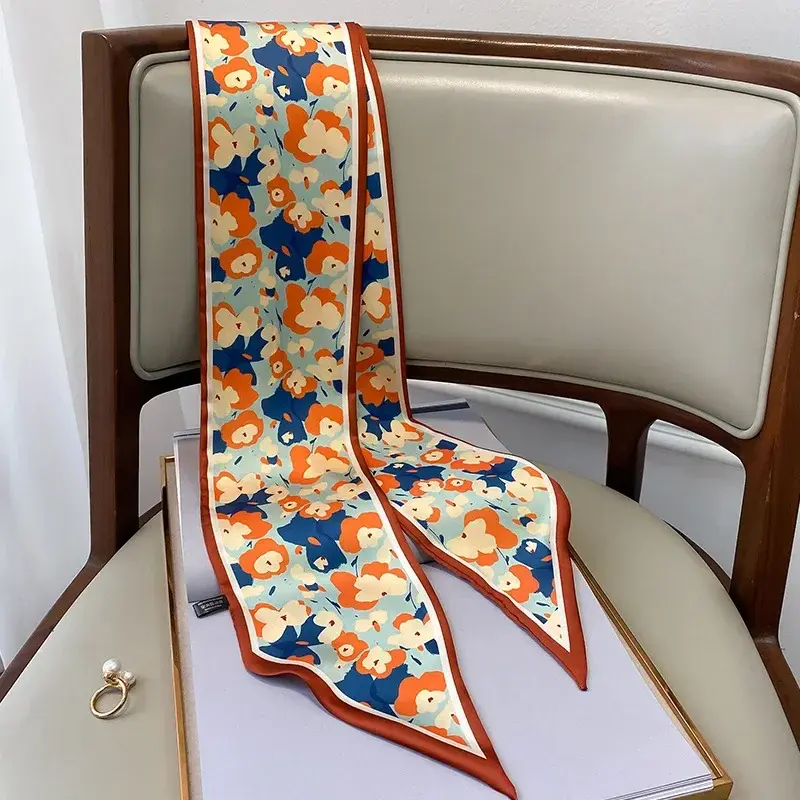 2025 Fashion Silk Scarf for Women Narrow Long Wrist Small Ribbon Hair Band Scarves Foulard  Female Floral Print Kerchief