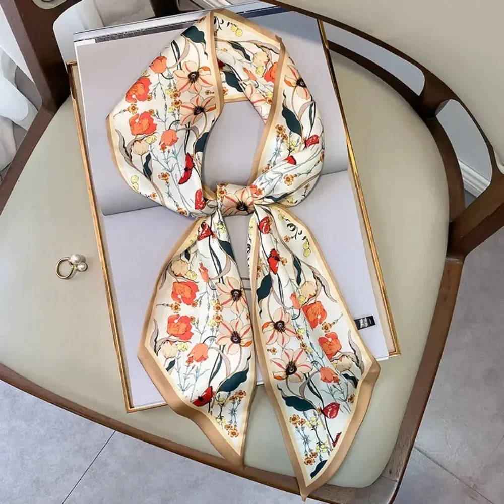 2025 Fashion Silk Scarf for Women Narrow Long Wrist Small Ribbon Hair Band Scarves Foulard  Female Floral Print Kerchief