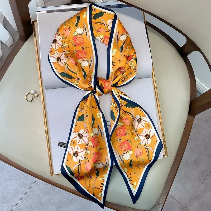 2025 Fashion Silk Scarf for Women Narrow Long Wrist Small Ribbon Hair Band Scarves Foulard  Female Floral Print Kerchief