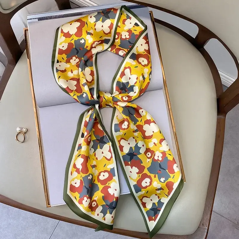 2025 Fashion Silk Scarf for Women Narrow Long Wrist Small Ribbon Hair Band Scarves Foulard  Female Floral Print Kerchief